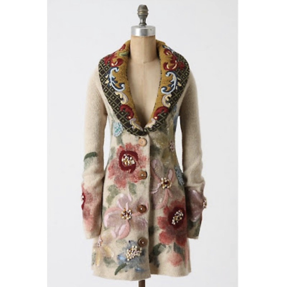 Anthopologie Sleeping On Snow Sweater Coat Hand Painted Poppies Size Medium - Picture 2 of 16